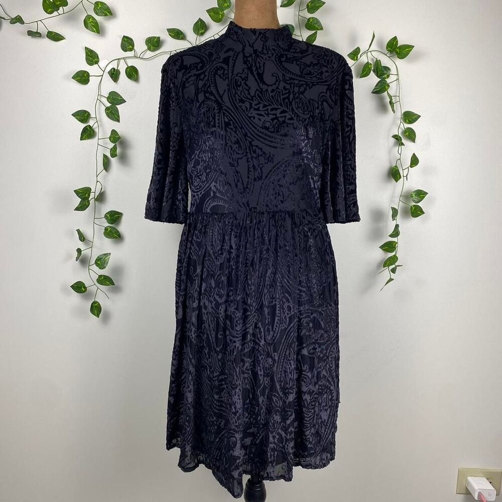 NWT Black velvet damask burnout midi dress flutter sleeve high neck party